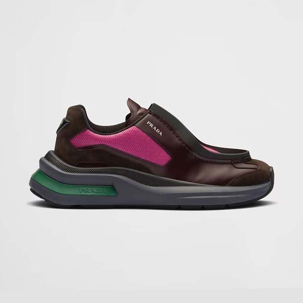 Side view of Prada Men Systeme Brushed Leather Sneakers with pink suede elements