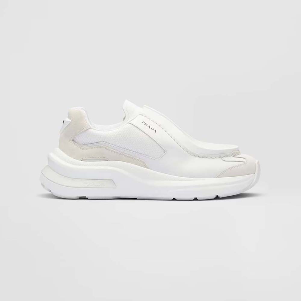 Side profile of Prada Men Systeme Brushed Leather Sneakers with Bike Fabric and Suede Elements-White