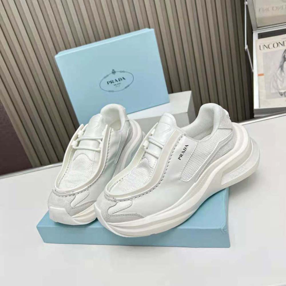 Top view showcasing the lacing and mixed materials on Prada Men Systeme Sneakers white