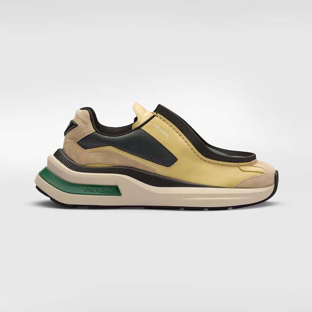 Side view of Prada Men Systeme Brushed Leather Sneakers with Bike Fabric and Suede Elements-Yellow