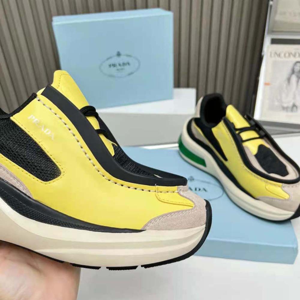 Prada Men Systeme Brushed Leather Sneakers with Bike Fabric and Suede Elements-Yellow - image 6