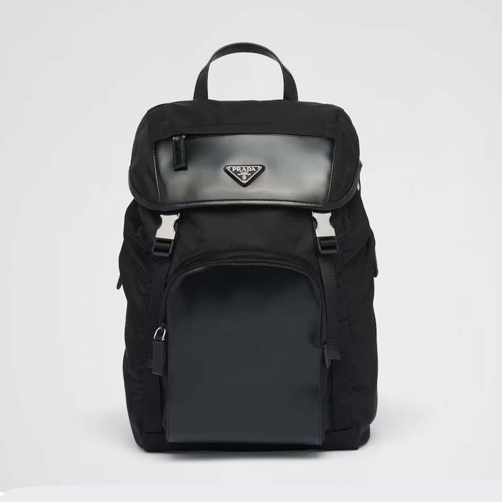 Front view of Prada Unisex Re-Nylon and Brushed Leather Backpack-Black