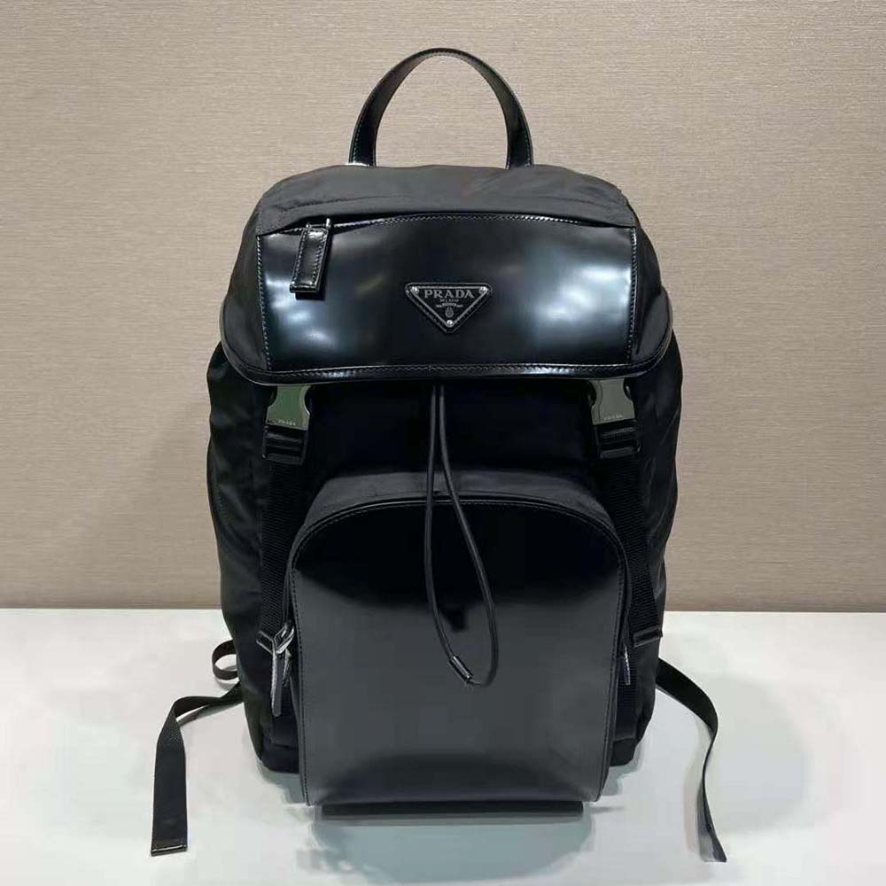 Close-up of brushed leather detail on Prada Unisex backpack