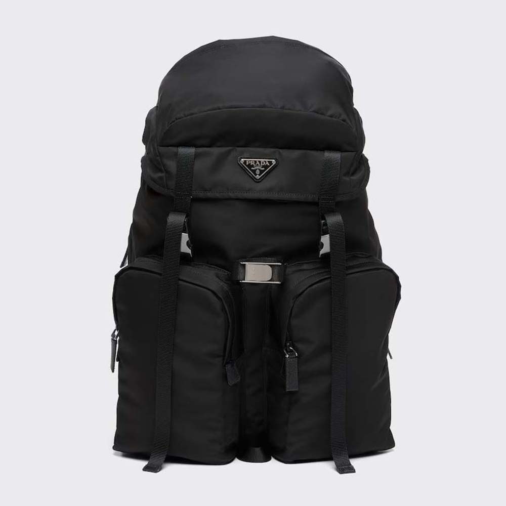 Front view of Prada Unisex Re-Nylon and Saffiano Leather Backpack with Triangle Logo-Black