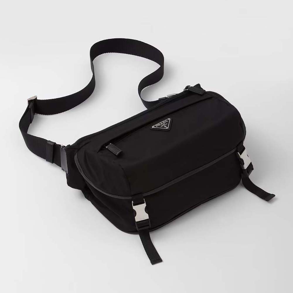 Front angle of Prada Unisex Re-Nylon and Saffiano Leather Shoulder Bag-Black