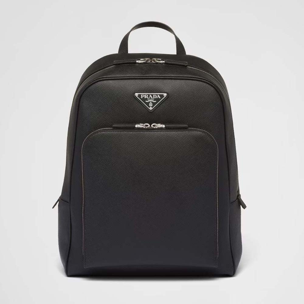 Front view of Prada Unisex Saffiano Leather Backpack with Triangle Logo-Black