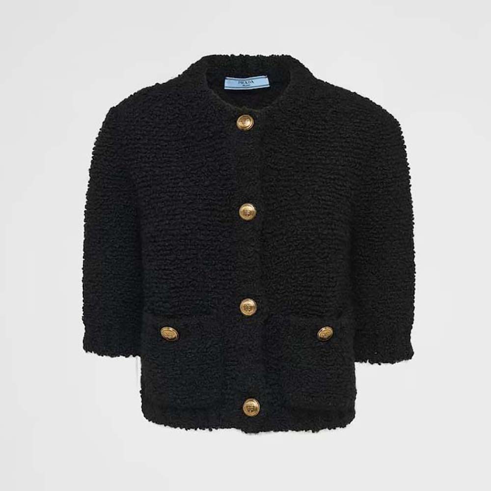 Front view of Prada Women Bouclé Mohair Cardigan-Black showing button detail