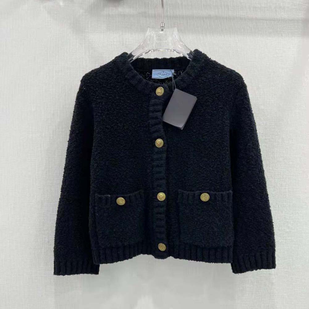 Close-up of textured bouclé mohair fabric on Prada Women Bouclé Mohair Cardigan-Black