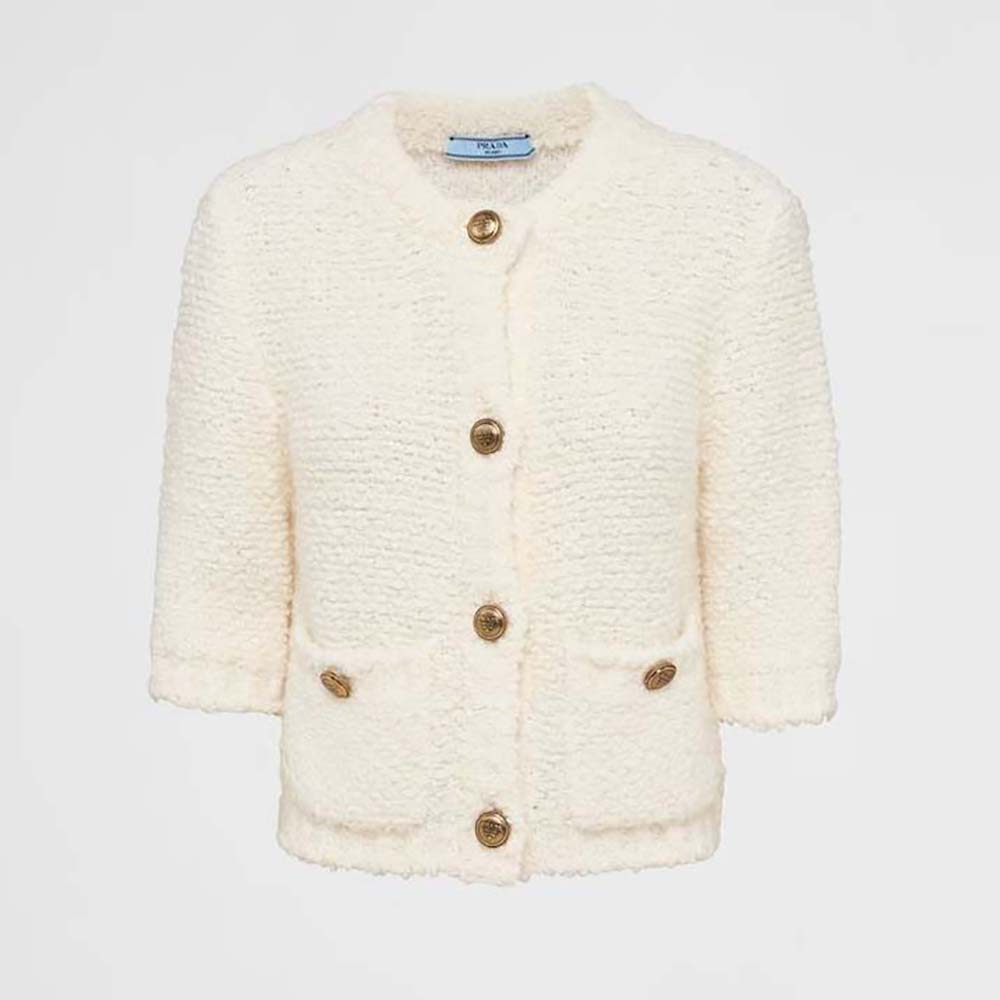 Front view of Prada Women Bouclé Mohair Cardigan-White on model