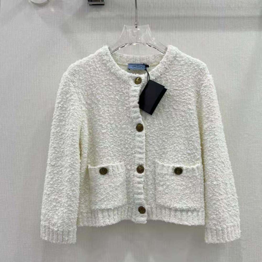 Close-up detail of textured bouclé fabric on Prada Women Bouclé Mohair Cardigan-White