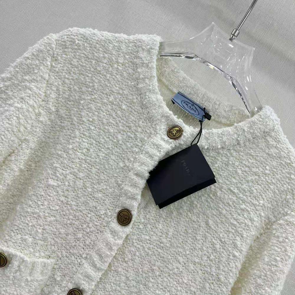 Side profile showing relaxed fit of Prada Women Bouclé Mohair Cardigan-White