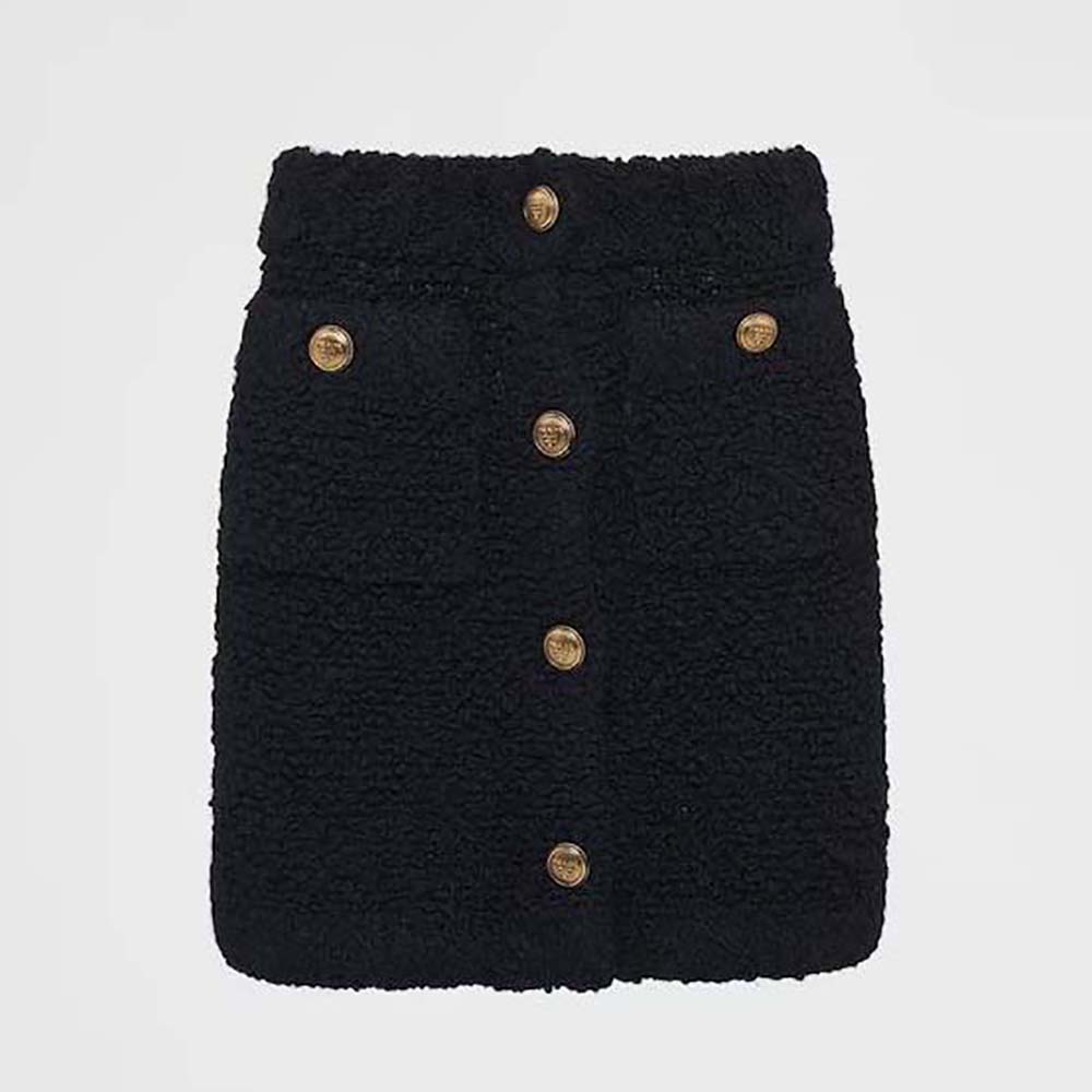 Front view of Prada Women Bouclé Mohair Miniskirt-Black with textured fabric