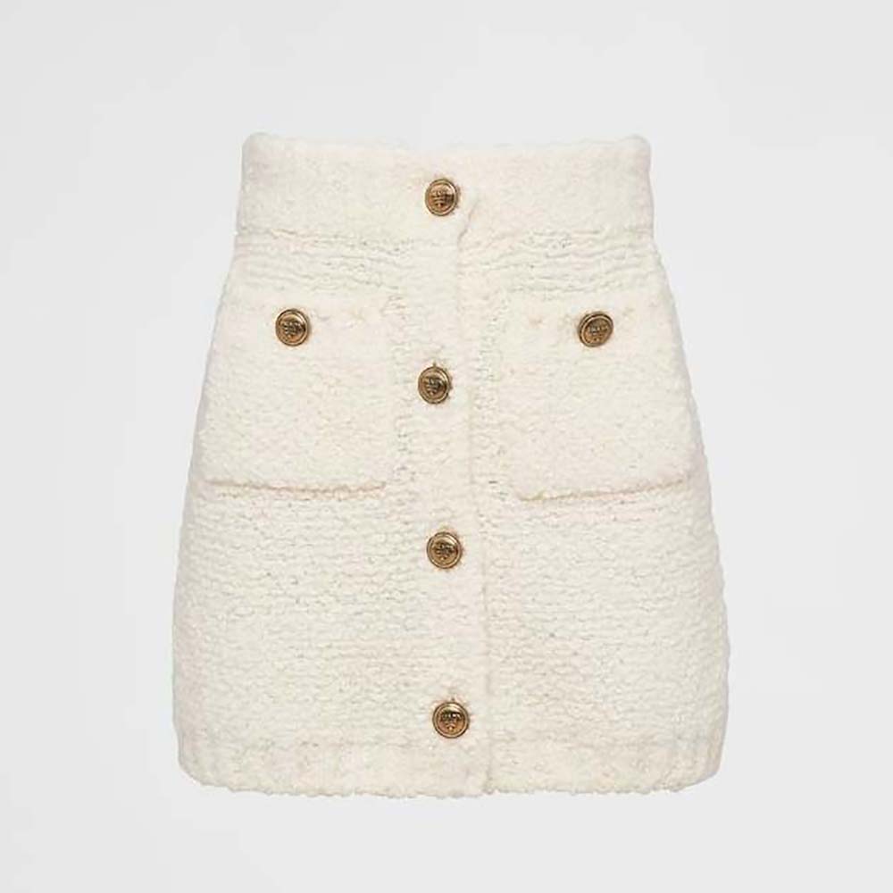 Front view of Prada Women Bouclé Mohair Miniskirt-White showing texture