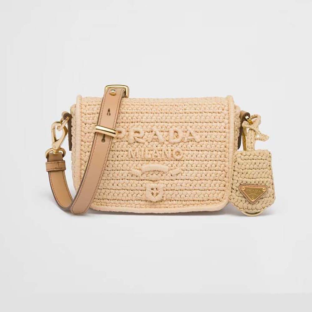 Front view of Prada Women Crochet and Leather Shoulder Bag with Flap