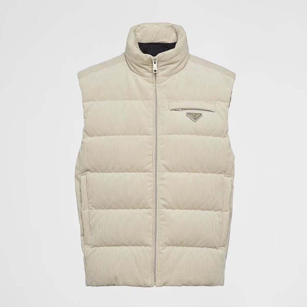 Front view of Prada Men Cropped Corduroy Down Vest in beige