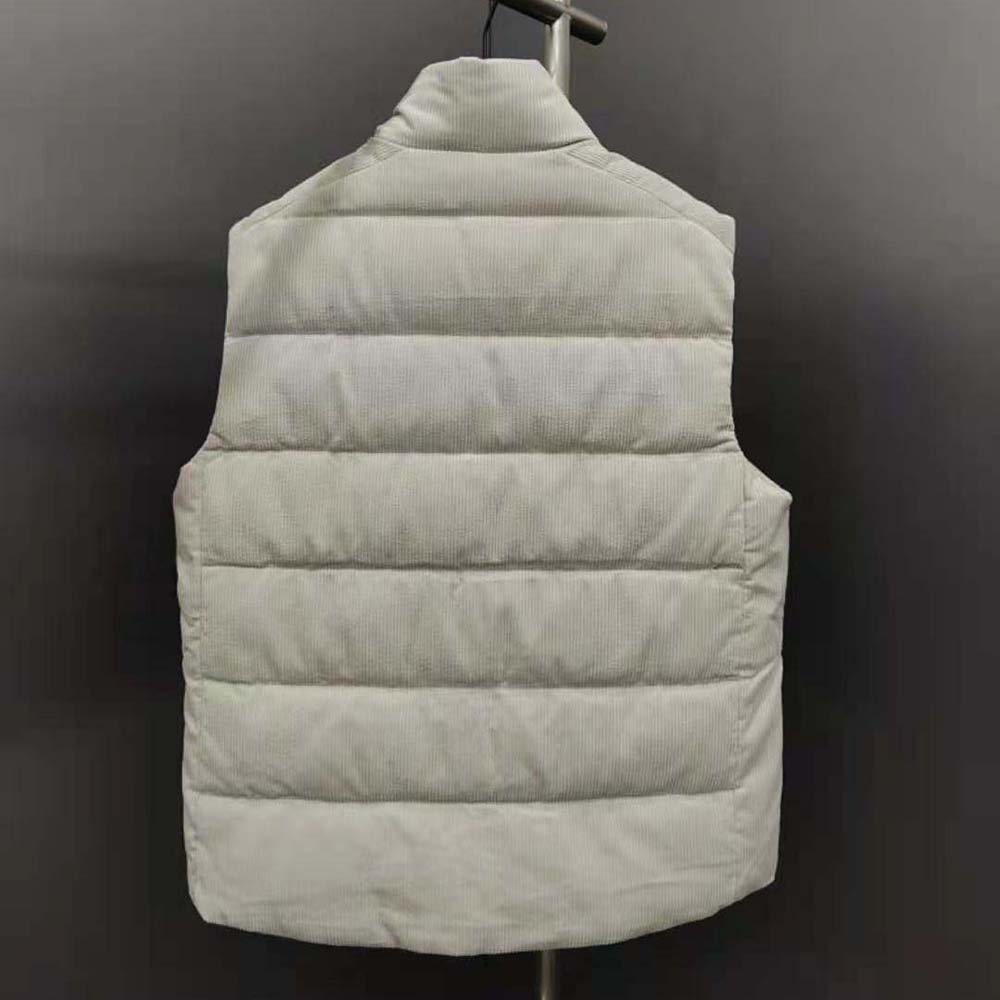 Side angle highlighting cropped silhouette of Prada Men Corduroy Down Vest