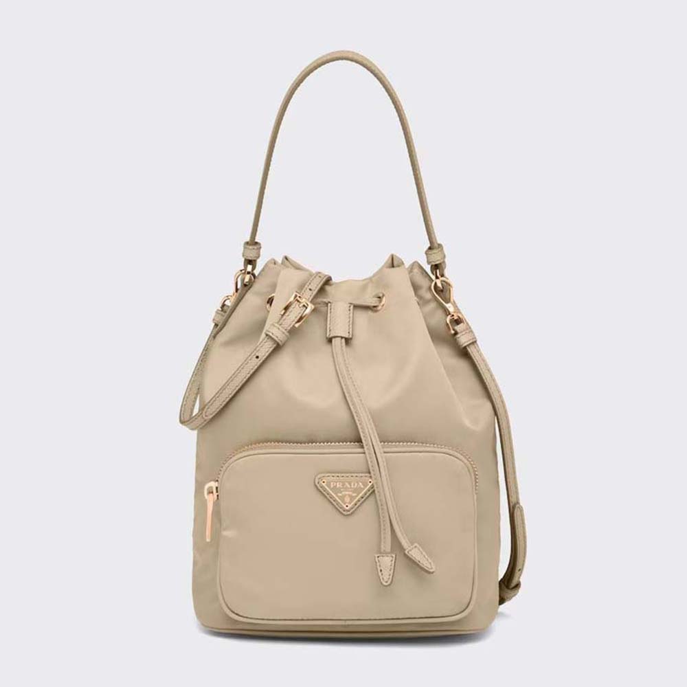 Front view of Prada Women Duet Re-Nylon Bucket Bag-Beige with silver hardware