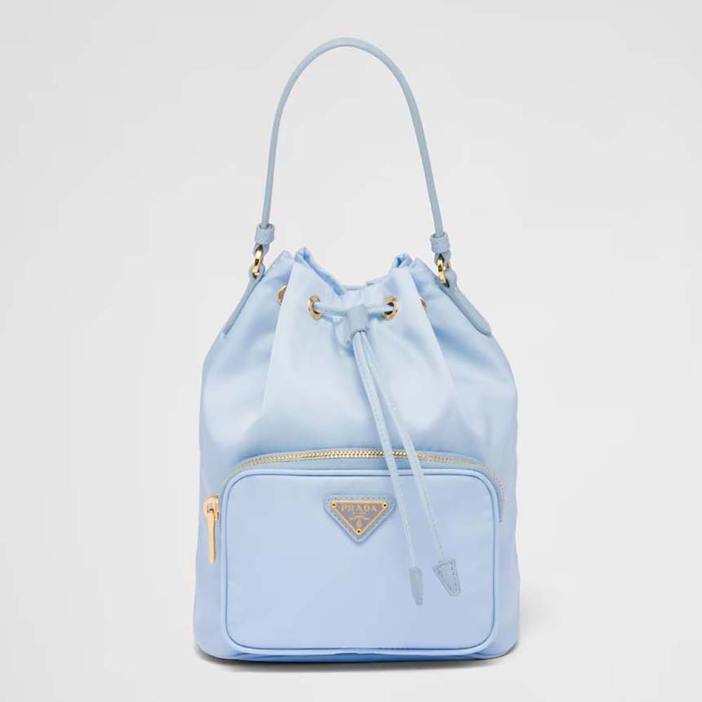 Front view of Prada Women Duet Re-Nylon Bucket Bag-Blue