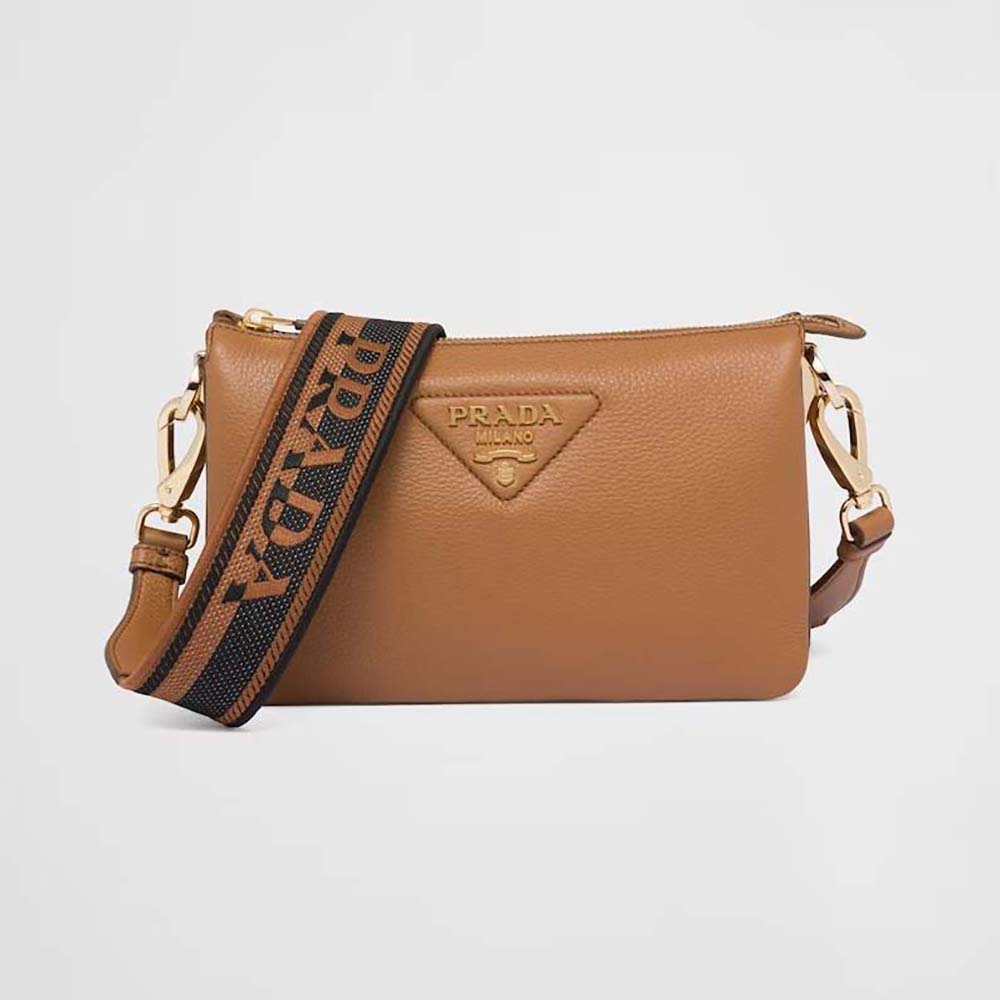 Front view of Prada Women Leather Shoulder Bag with Metal Lettering Logo-Brown