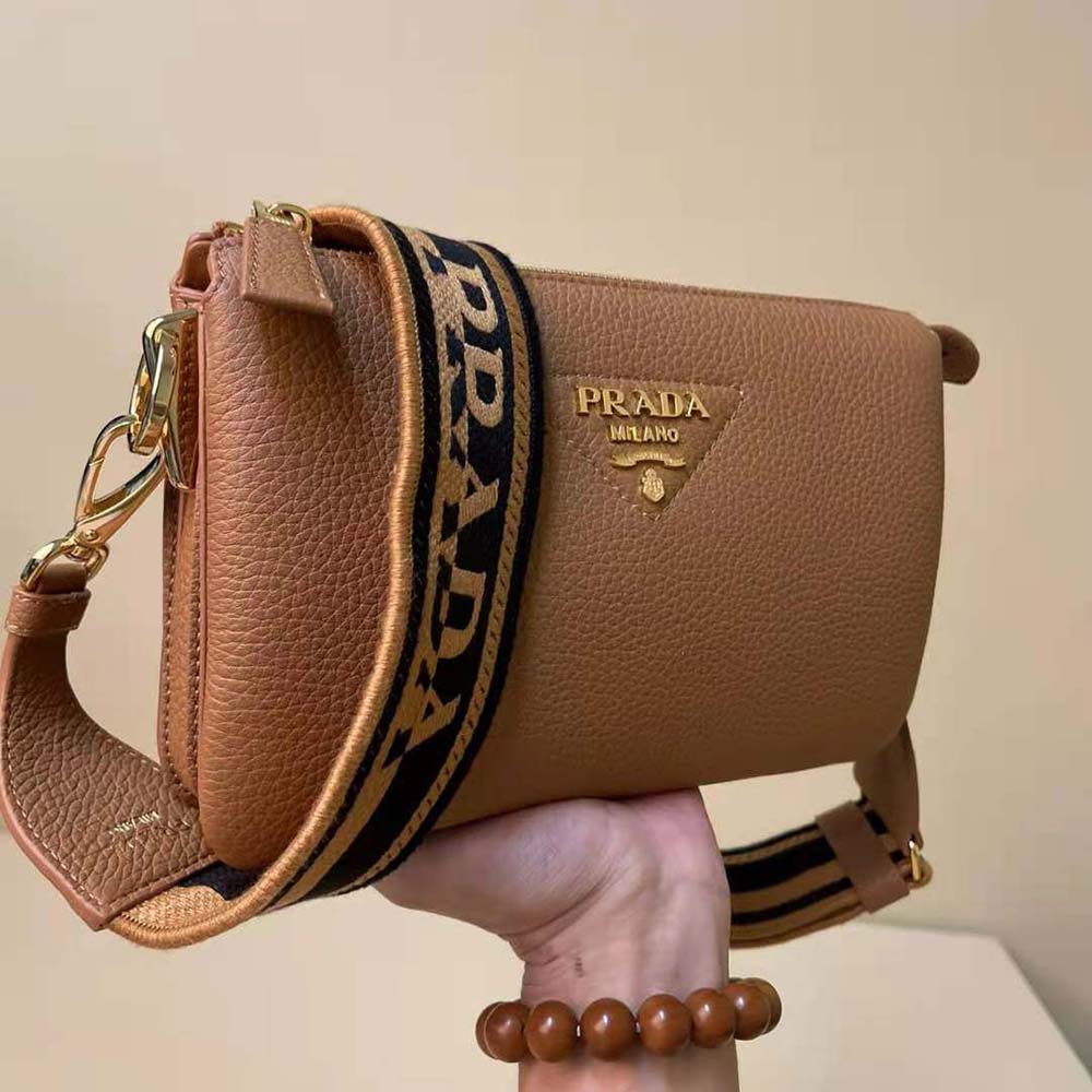 Prada Women Leather Shoulder Bag with Metal Lettering Logo-Brown - image 10