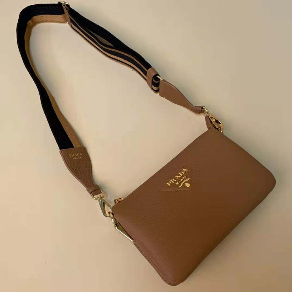 Prada Women Leather Shoulder Bag with Metal Lettering Logo-Brown - image 5