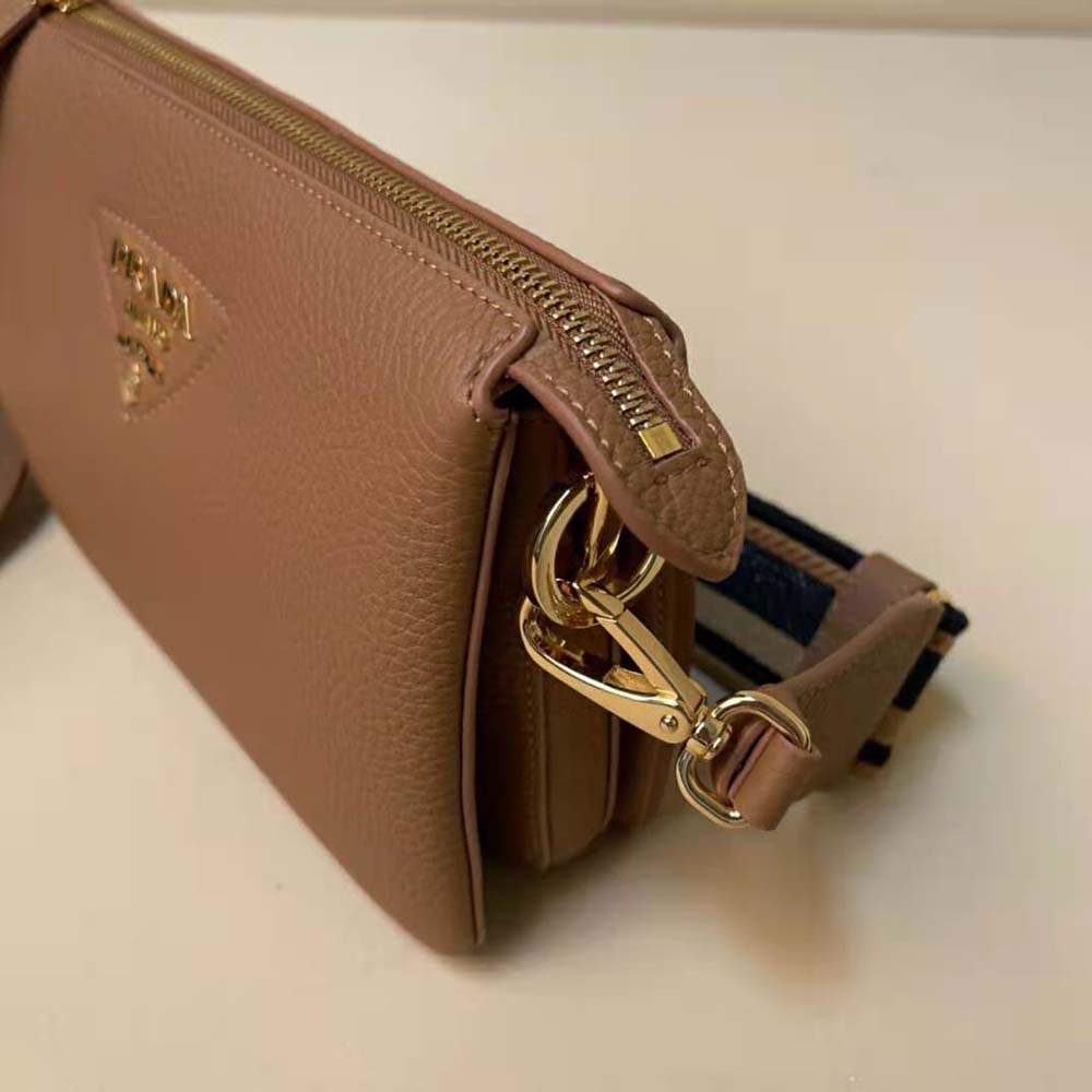 Prada Women Leather Shoulder Bag with Metal Lettering Logo-Brown - image 7