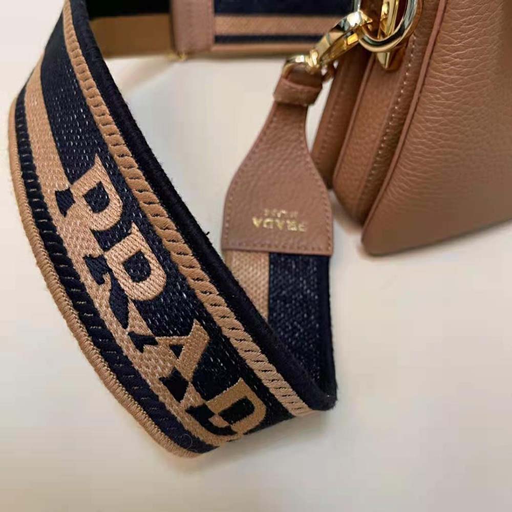 Prada Women Leather Shoulder Bag with Metal Lettering Logo-Brown - image 9