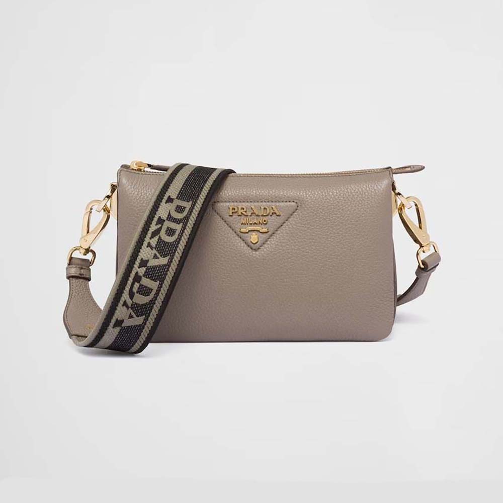 Front view of Prada Women Leather Shoulder Bag with Metal Lettering Logo-Gray