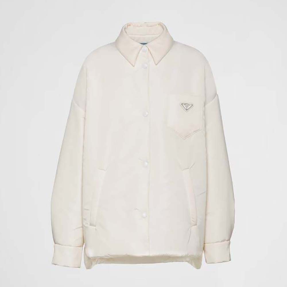 Front view of Prada Women Light Re-Nylon Padded Jacket-White on mannequin