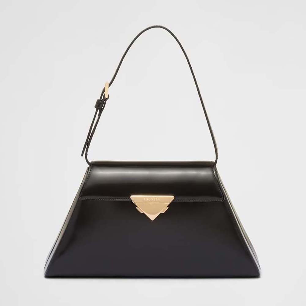 Front view of Prada Women Medium Brushed Leather Handbag-Black