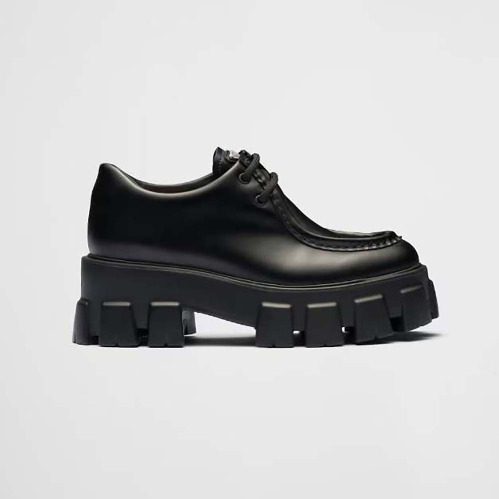 Side profile of Prada Women Monolith Brushed Leather Lace-up Shoes-Black