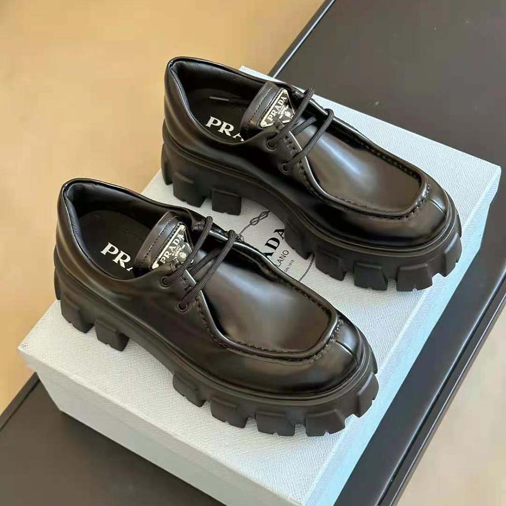 Prada Women Monolith Brushed Leather Lace-up Shoes-Black - image 4