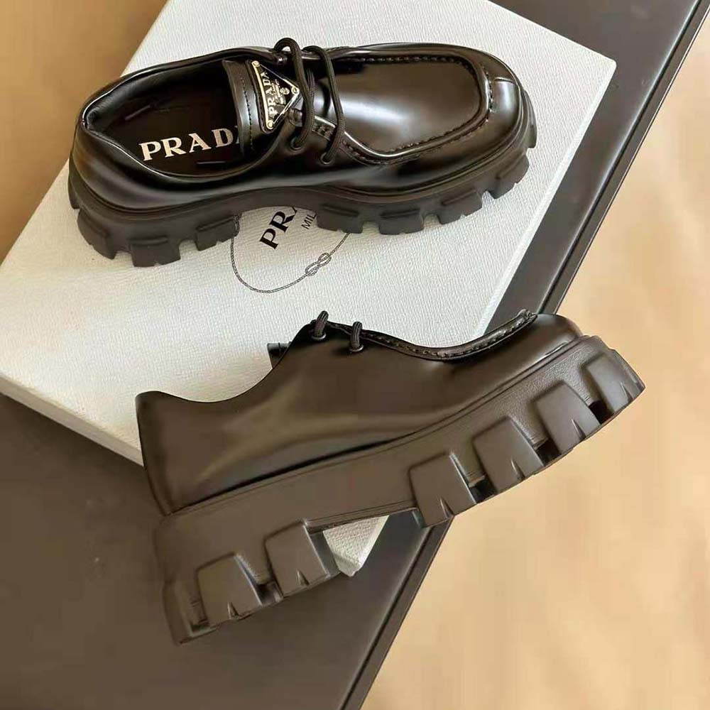 Prada Women Monolith Brushed Leather Lace-up Shoes-Black - image 8
