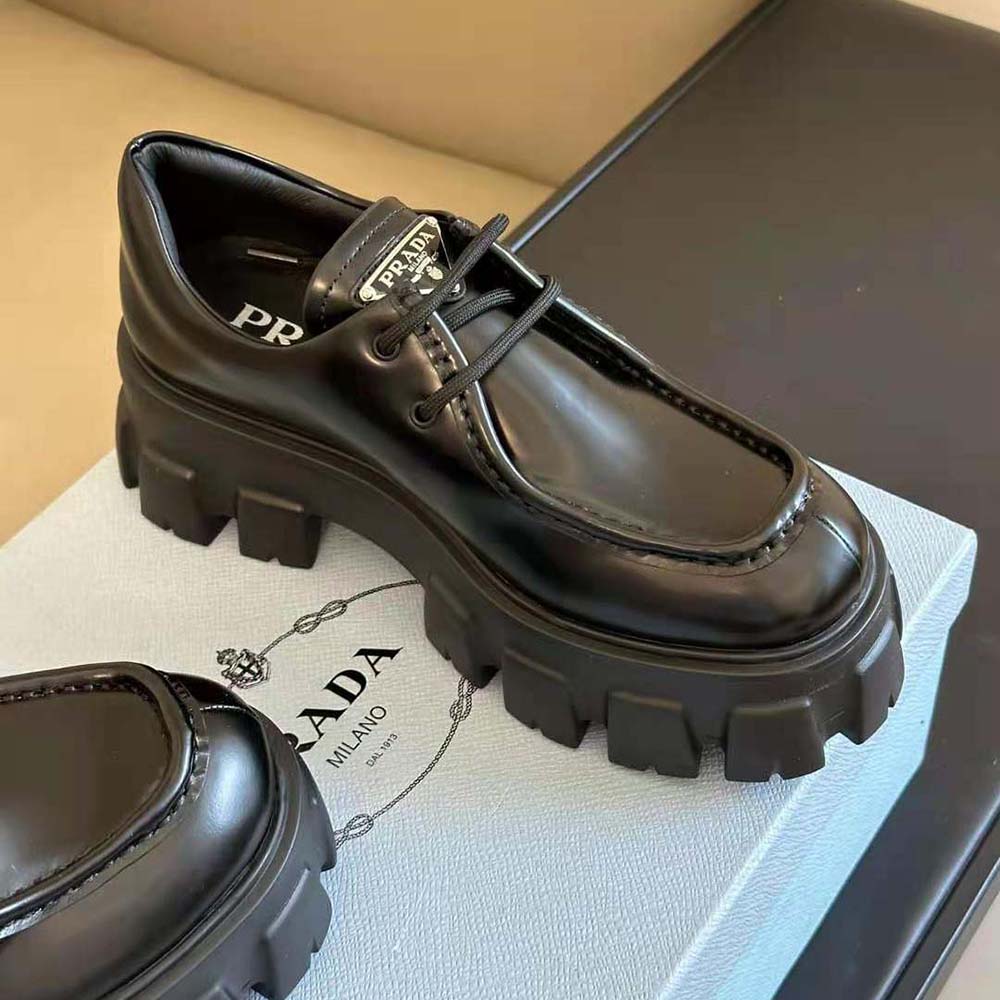 Prada Women Monolith Brushed Leather Lace-up Shoes-Black - image 6