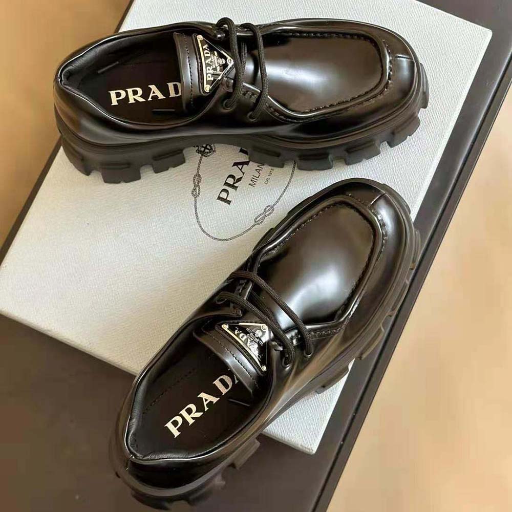 Prada Women Monolith Brushed Leather Lace-up Shoes-Black - image 5