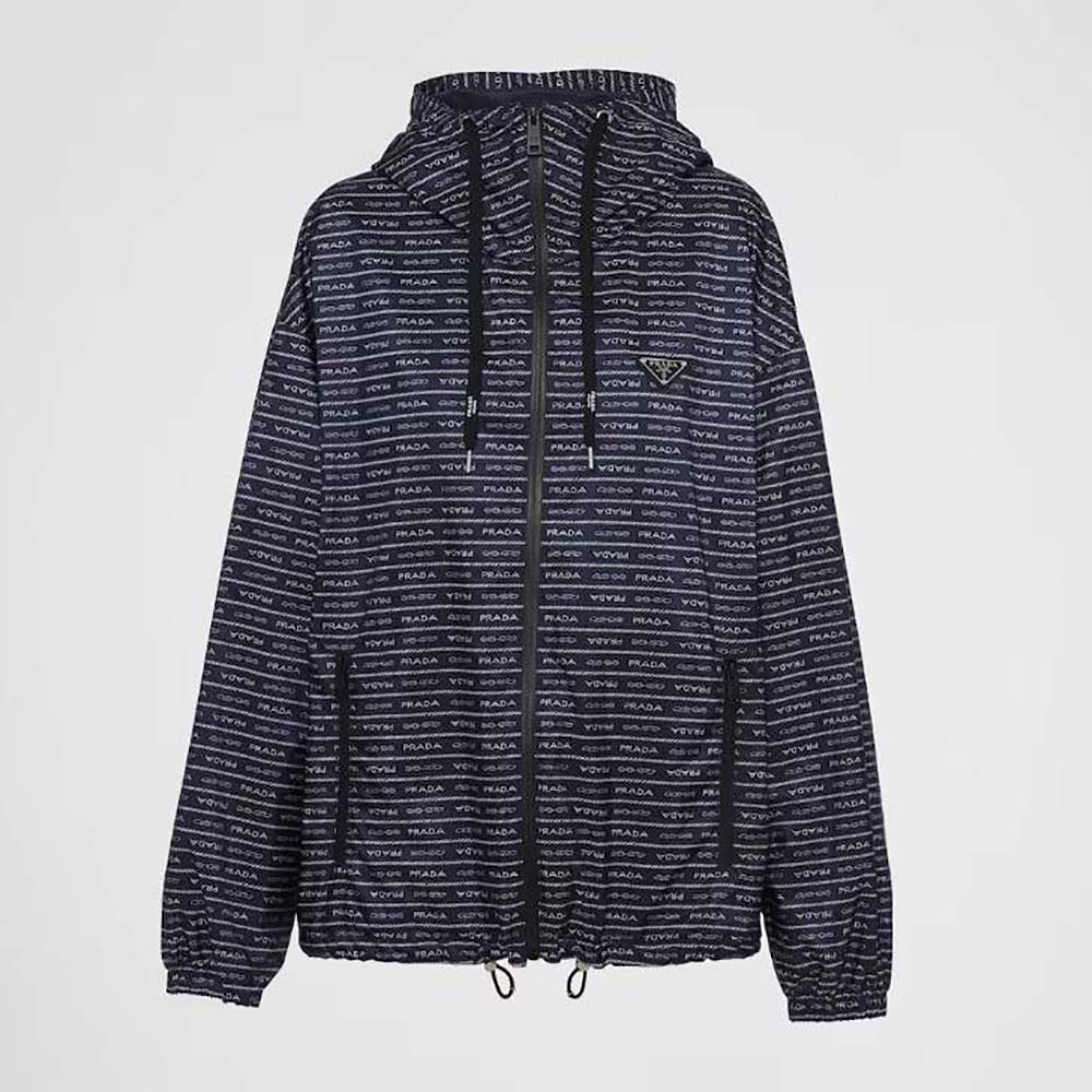 Front view of Prada Men Nylon Blouson Jacket-Blue/White on mannequin