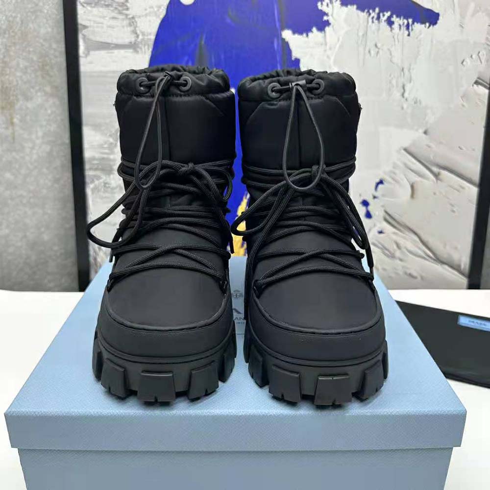 Top view showing nylon gabardine texture on Prada winter boots
