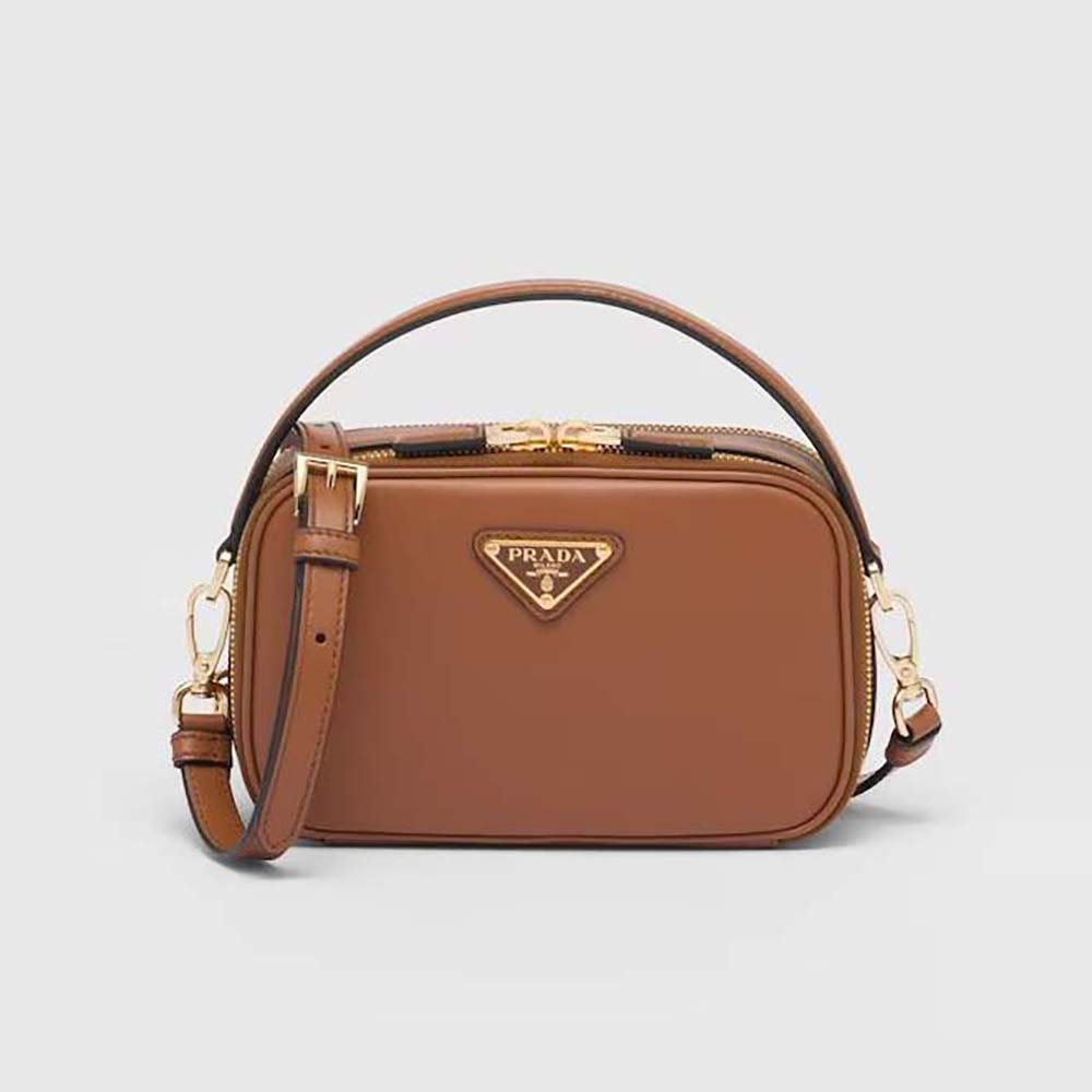 Front view of Prada Women Odette Leather Mini-bag-Brown with flap closed