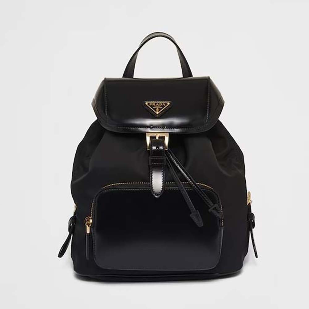 Front view of Prada Women Re-Nylon and Brushed Leather Backpack-Black