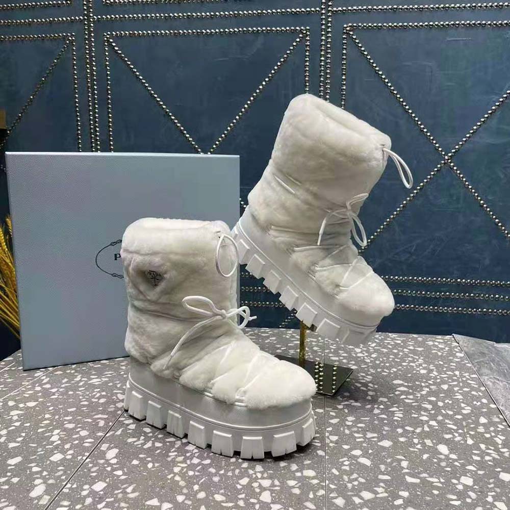 Top view of Prada Women Shearling Apres-ski Boots-White featuring signature logo