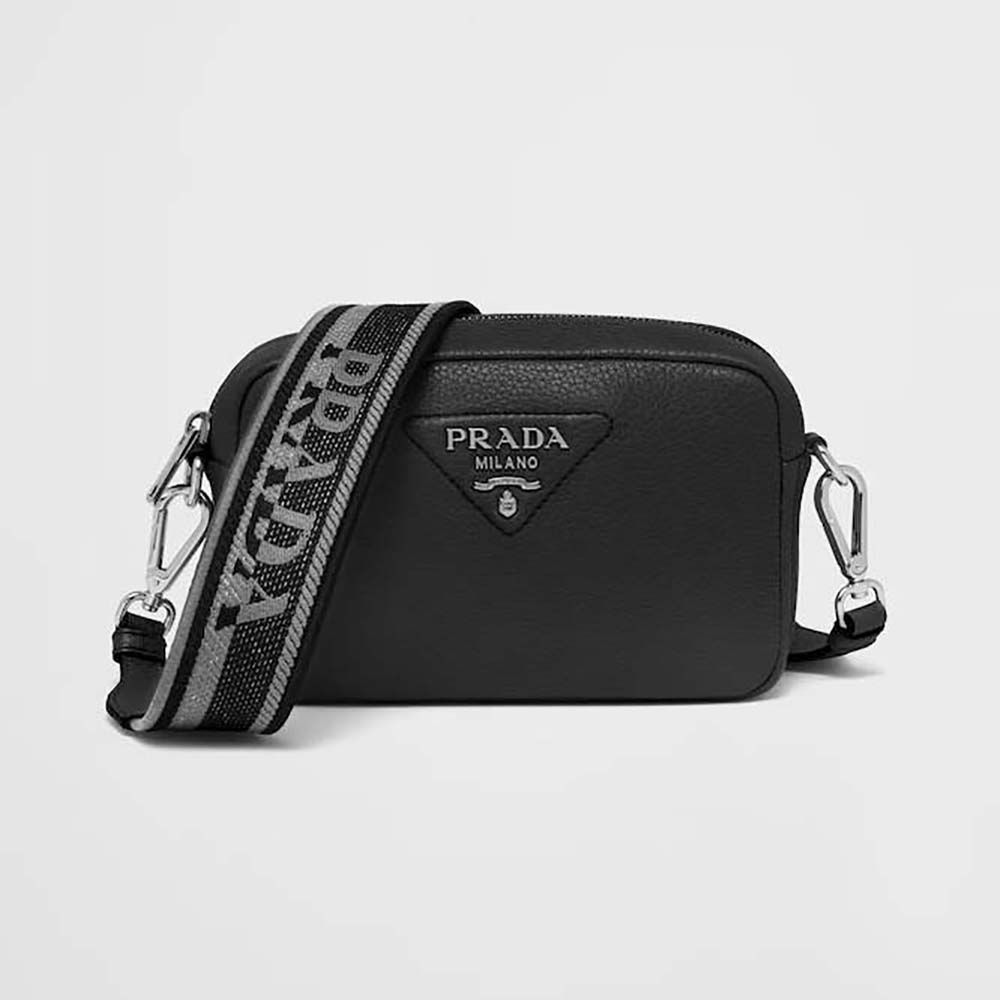 Front view of Prada Women Small Leather Bag-Black with flap closed