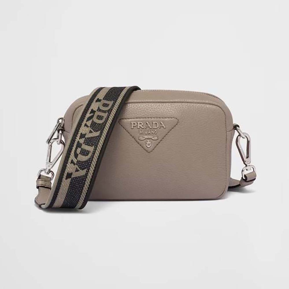 Front view of Prada Women Small Leather Bag-Brown with flap closure