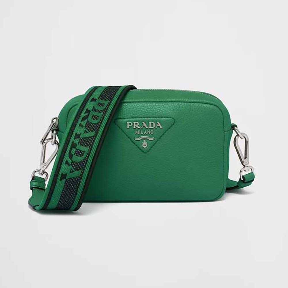 Front view of Prada Women Small Leather Bag-Green with flap closed