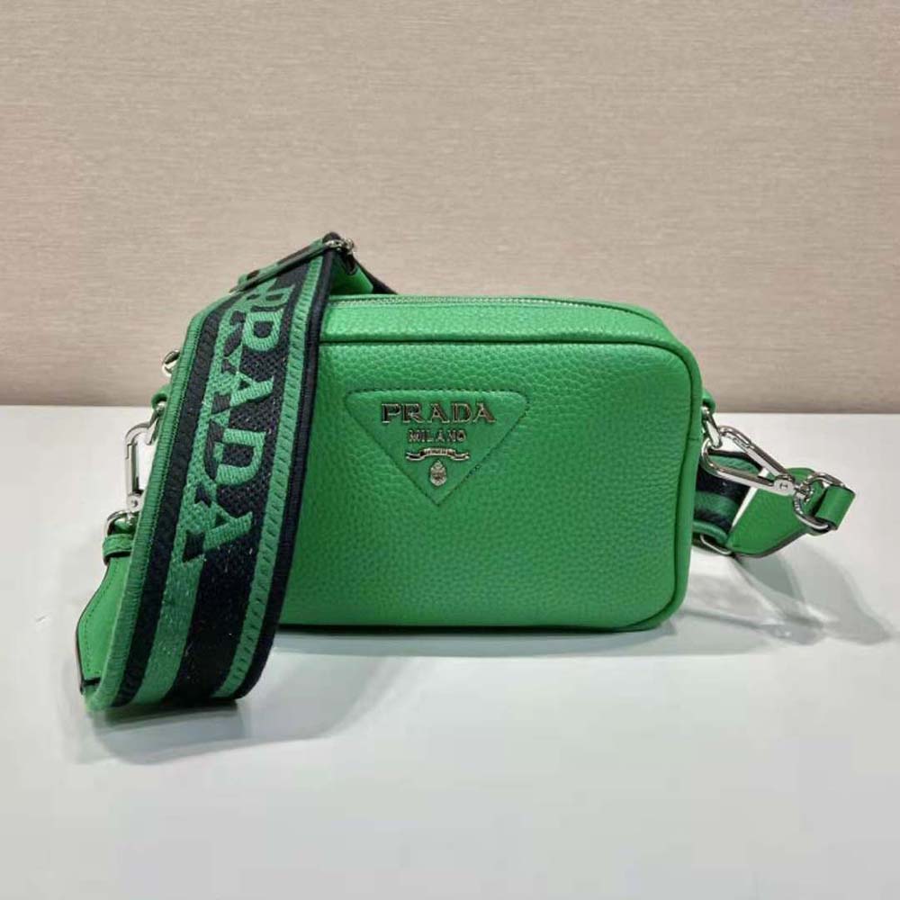 Close-up of gold-tone logo hardware on Prada Women Small Leather Bag-Green