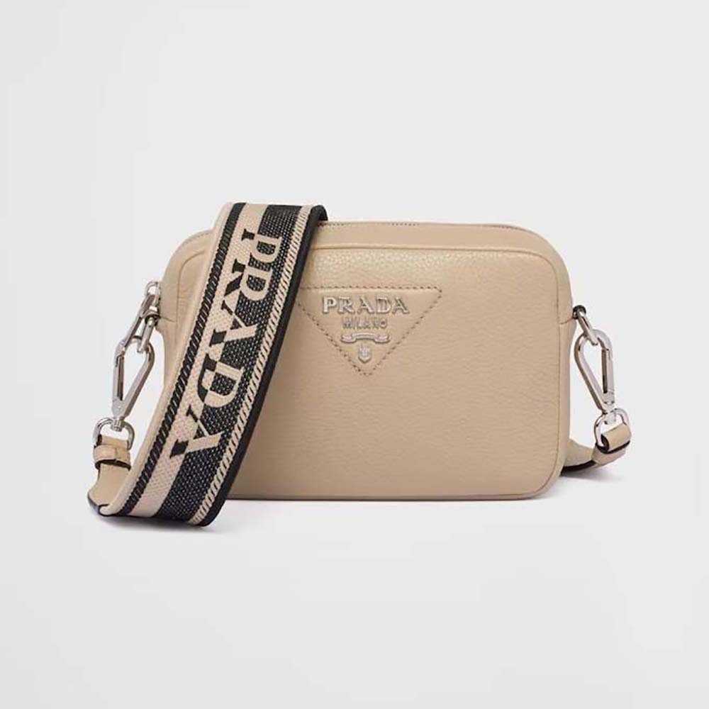 Front view of Prada Women Small Leather Bag-Sandy with logo plaque
