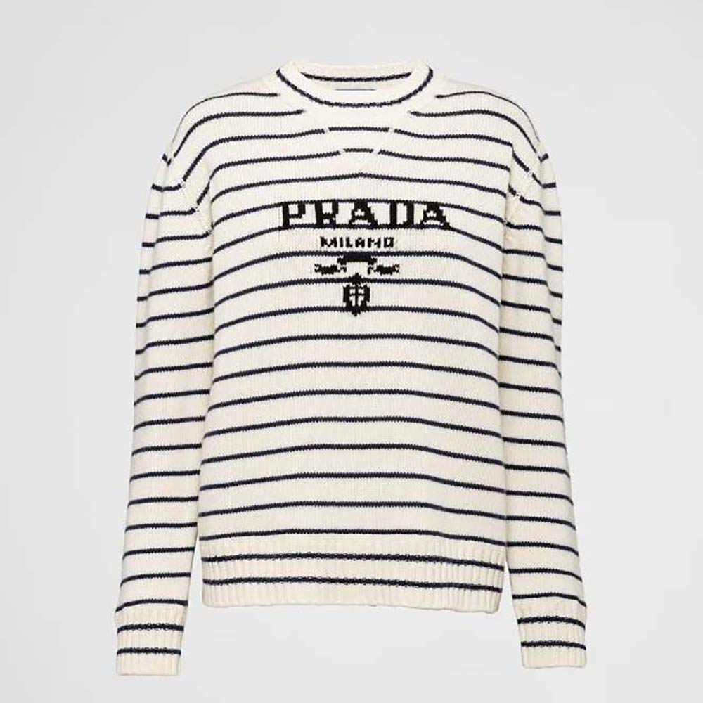 Front view of Prada Women Wool and Cashmere Crew-neck Sweater-White