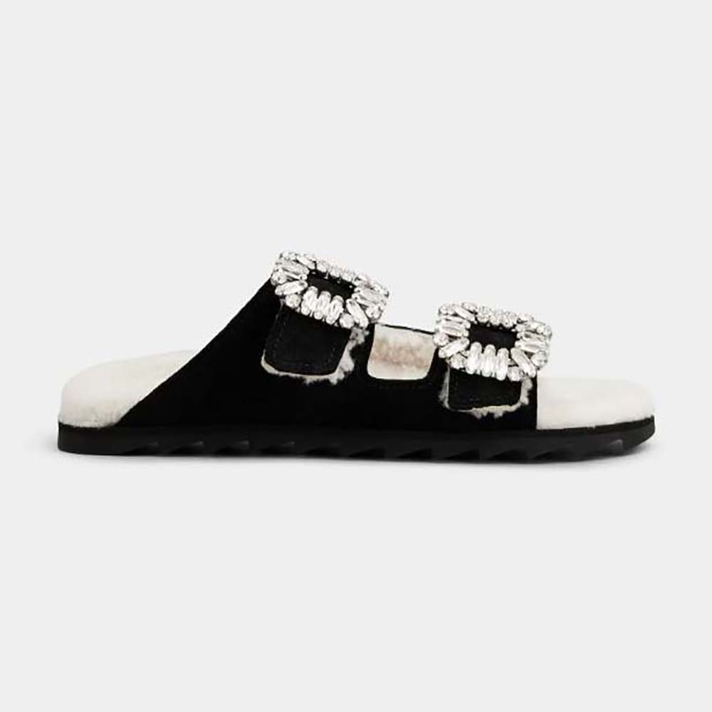 Side view of Roger Vivier Women Slidy Viv’ Fur Strass Buckle Mules in Suede-Black