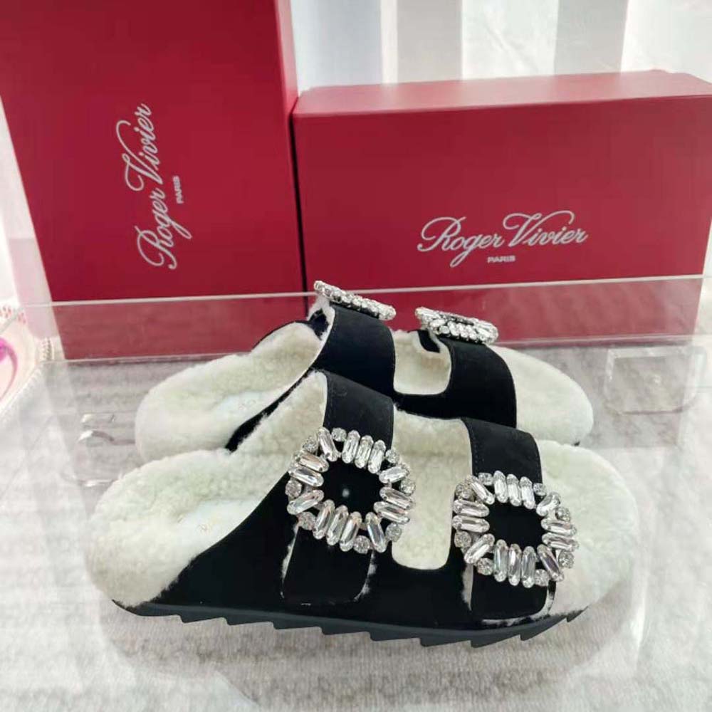 Roger Vivier Women Slidy Viv’ Fur Strass Buckle Mules in Suede-Black - image 4