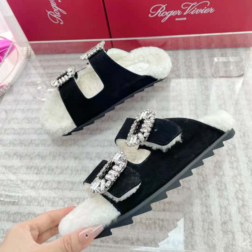 Roger Vivier Women Slidy Viv’ Fur Strass Buckle Mules in Suede-Black - image 6