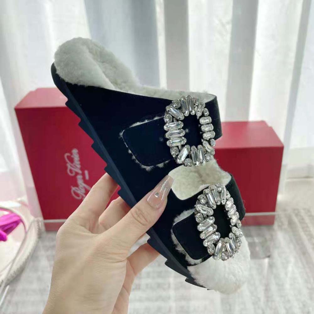 Roger Vivier Women Slidy Viv’ Fur Strass Buckle Mules in Suede-Black - image 5